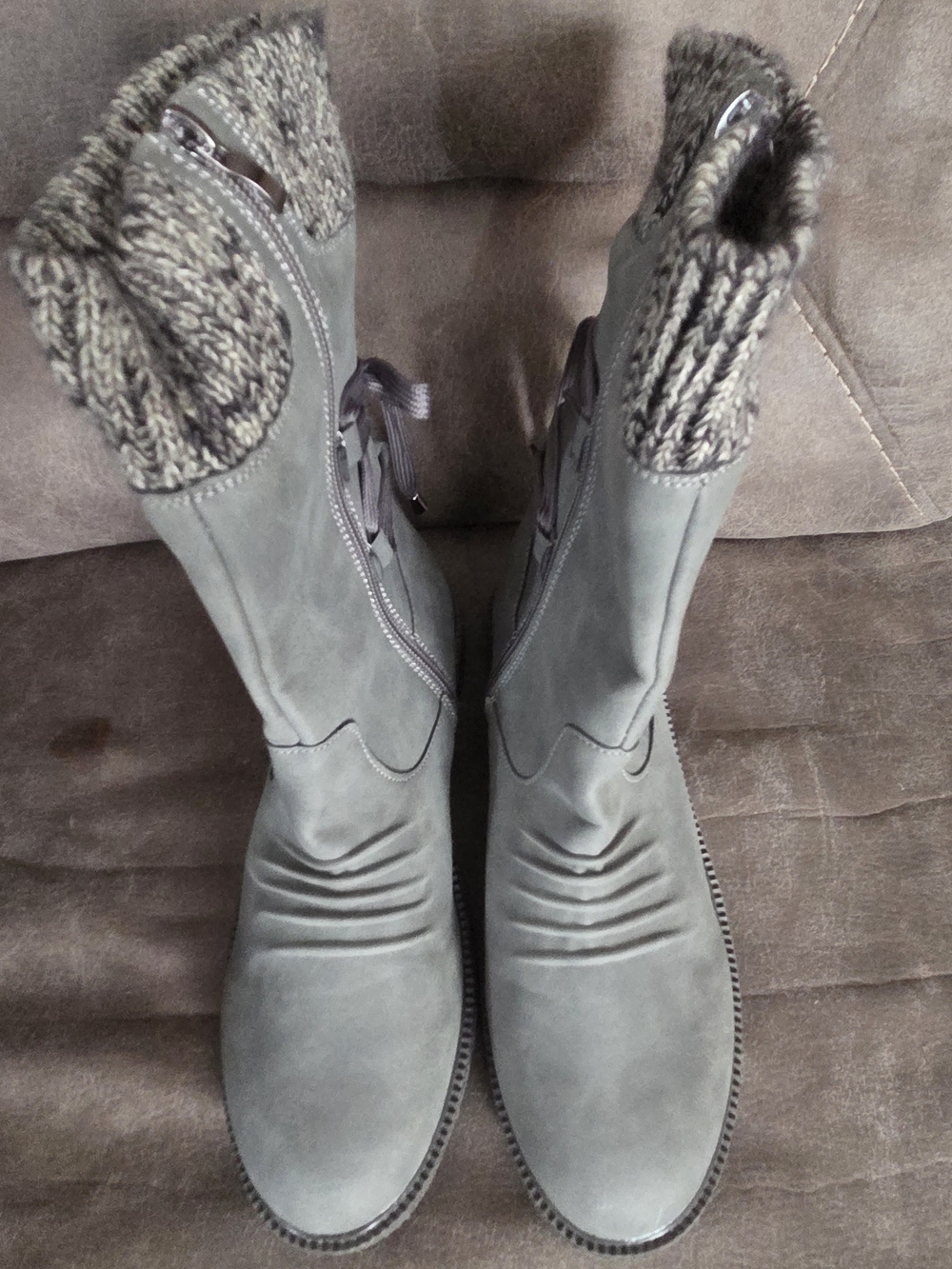 Knit-Cuff Mid-Calf Heeled Boots - Gray